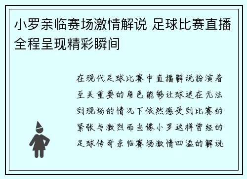 小罗亲临赛场激情解说 足球比赛直播全程呈现精彩瞬间