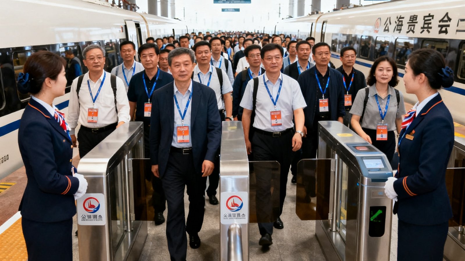 约30人的大型会议团组在公海贵宾会工作人员引导下通过专属通道进入高铁站，团组成员佩戴统一胸牌