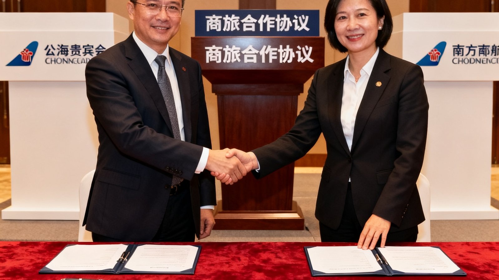公海贵宾会CEO陈志远与南方航空公司代表在签约仪式上握手，双方签署商旅合作协议