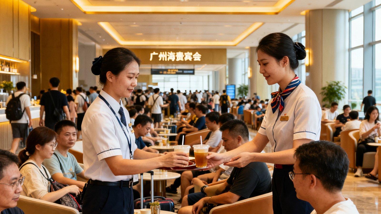 2024年8月暑期出行高峰期间，公海贵宾会广州南站贵宾厅内座无虚席但秩序井然，服务人员正在为旅客递送饮品