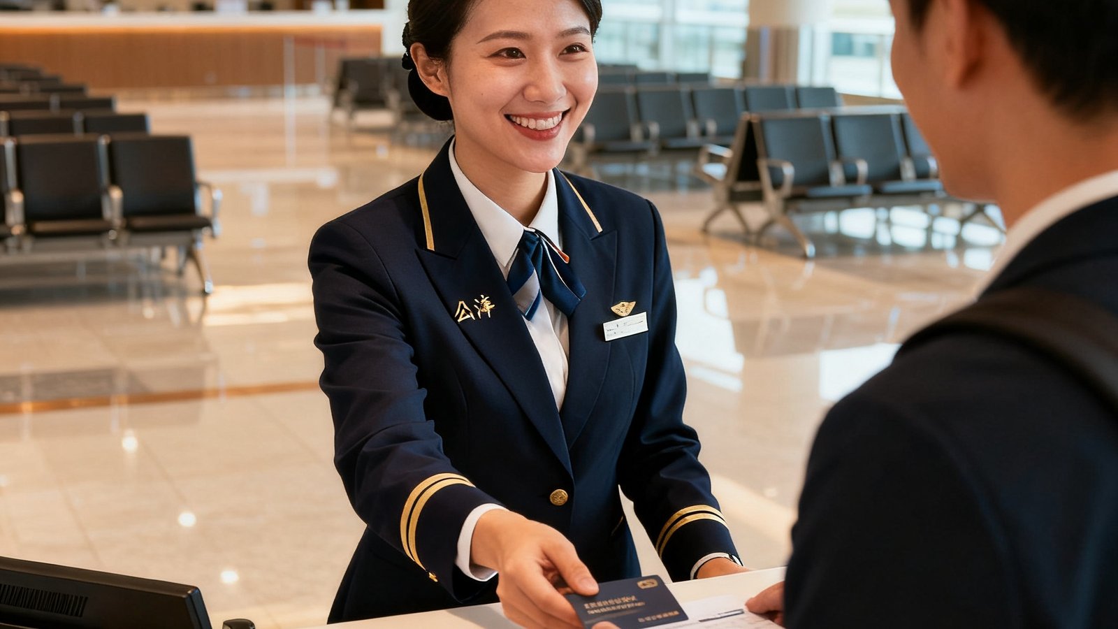 公海贵宾会工作人员穿着统一制服，在贵宾厅前台微笑着为一位旅客办理会员登记手续，背景可见整洁的候车区域
